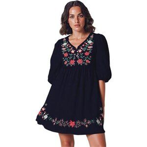 Kafeimali Women's Summer Mini Dress Bohemian Embroidery Tunic Shift Blouse